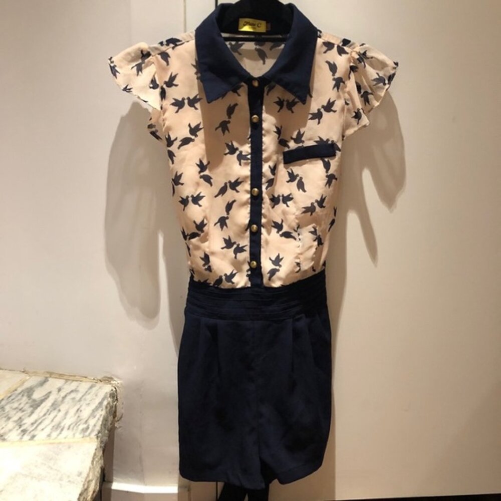 Max C London Romper Pink Navy Sparrows Swallows Bird Print Collar Twee Small